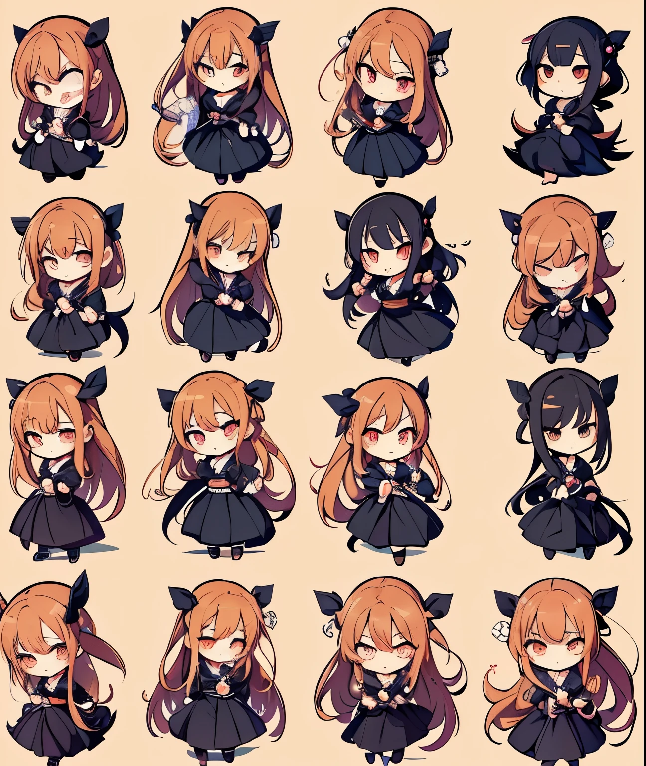 ，16 cute poses a expressions,smile,sad,angry,anticipation.different emotions,multiple poss and expressions,Chinese painting,chibi,illustrations,flatcolors,simple line 2d painting,popular artstations,digital art,pixel style cartoons,lineworks,8k --s 180
