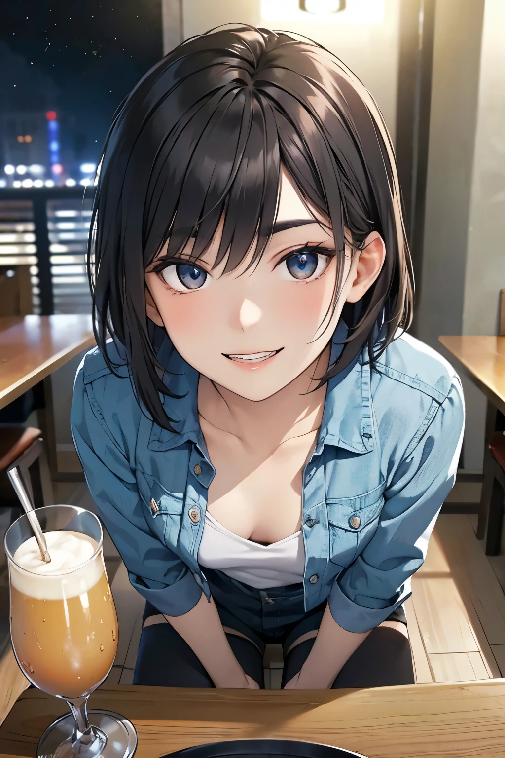 Masterpiece, High resolution, High-definition CG Unity 8K,Beautiful and detailed face, detailed hair texture, beautiful face,1 girl,(black eyes),small breasts, (very short messy brown hair), (at night),break,(evil grin),troubled eyebrows,(at the pub table), (having alcohol),(POV),(Denim Jacket),black shorts