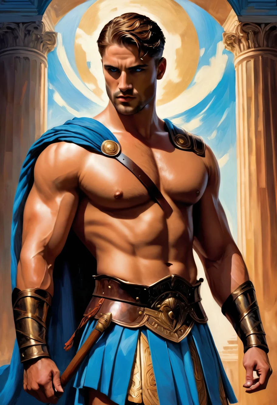 chiaroscuro technique on impressionist illustration of an masculine, Pantheon male model, handsome Roman, he is the god of war, he is Ares, Mars, evil-color, strong look, light blue eyes, strong jawline, dressed as a gladiator, ancient gladiator, male gladiator skirt, matte painting, by Harumi Hironaka, extremely soft colors, vibrant, pastel, highly detailed, digital artwork, high contrast, golden dramatic, refined, tonal, an intimate, titanic color