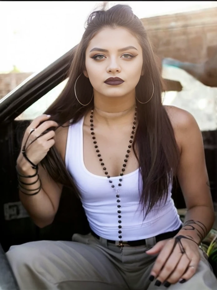 best quality, intricate details, chromatic aberration, goth makeup, goth girl, corneo_runny_makeup 1girl, long hair, black hair, messy hair, red highlights, hair over one eye, red eyes, sharp eyes, choker, neon shirt, torn legwear, open jacket, against wall, brick wall, graffiti, dim lighting,