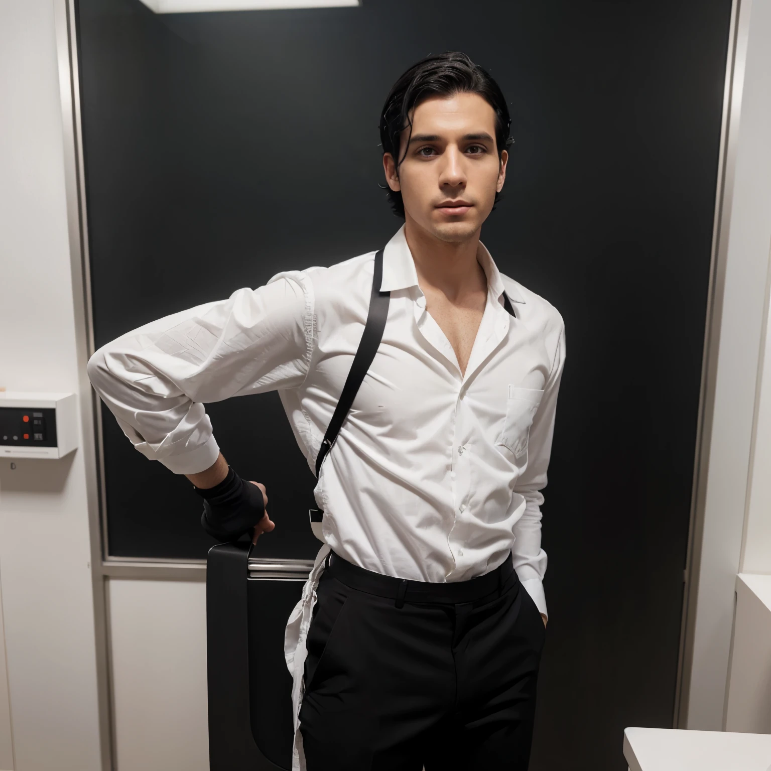 A white man with black hair and average size, con corbata negra, una bata de laboratorio color blanco que llega desde el cuello hasta los talones que cubre la corbata y de la mitad del cuerpo para arriba, also black pants and long black anime-type boots