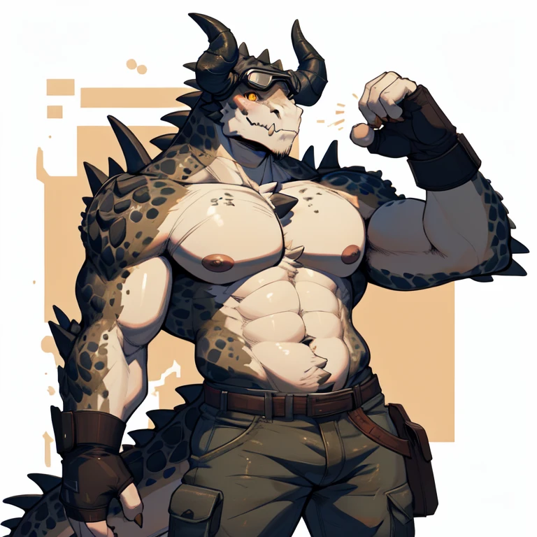 Tall_lanky_muscular_deathclaw male dark_beige_scaled_body spotted_scales yellow_eyes solo Masterpiece best_quality absurdres highly_detailed cleanly_drawn_eyes anthro_only by_claweddrip, by_greasymojo, by_underscore-b, by_runawaystride ripped_cargo_pants ripped_leather_duster fingerless_gloves goggles destroyed_building heavy_dust_storm leaning_on_bar large_horns smirking mature gigantic,  Massive guy, extremely muscular, looks protective and possessive,, seductive, Big belly, Prisoner inside his stomach, burping, Vore, Pred,