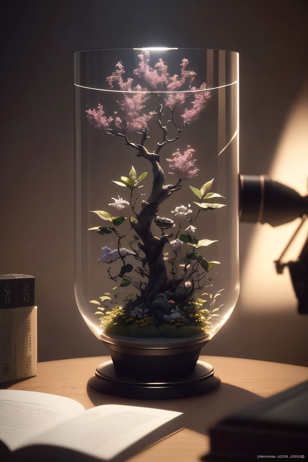 dreamlikeart tree in a bottle, fluffy, realistic, photo, canon, dreamlike, art, colorfull leaves and branches with flowers on top of its head. hyperdetailed photorealism by greg rutkowski - h 1024 w 804 | f 1 6 lens mark 2:2 s 3555 mm film grain :1 lifelike high res sharp focus contrast!! intricate detailed atmospheric light refraction lighting unreal engine 5 cinematic concept photography masterpiece octane render trending at cgsociety rendered as, on desk, 