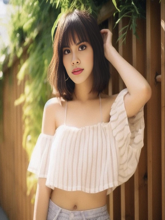 Aaraf woman wearing a white shirt and blue shorts poses for a photo., with short hair, Thai girl anime, Tomorrow, Tran., Asian girl, beautiful Asian girl, Crop, Shiho, young Asian girl, with short hair with bangs, Son Yunju, short hair, Cute girl - clear face, Niwan Chandra, Korean girl