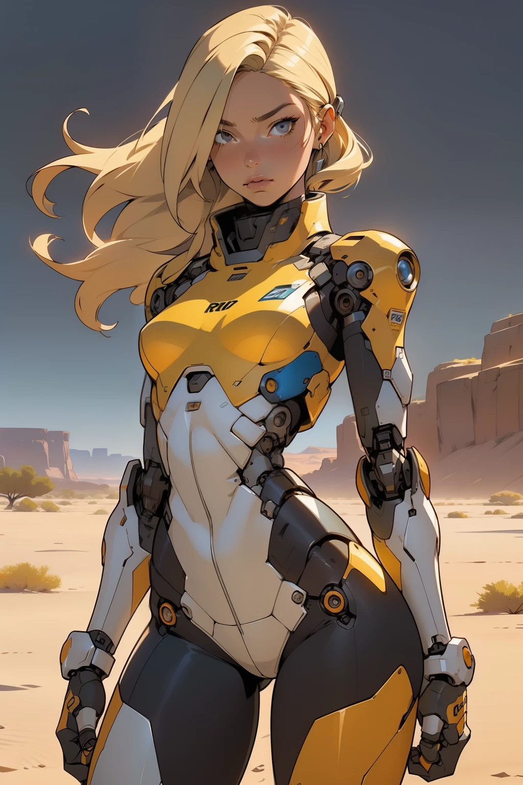 high quality, 4k, masterpiece, beautiful, cyborg girl, cowboy shot, dull eyes, front, looking at viewer, long blonde hair, girl, small breasts, fit thighs, robotic arms, robotic body, cyborg body, yellow & white uniform, orange accent, intricate detail, joint, detailed lines, robotic detail, holding fist up, holding hand up as fist, color robotic parts, robotic parts with color, perfect fingers, on a desert planet, sunny background, colorful desert, a river or a lake in the background, slender thighs, skinny thighs,