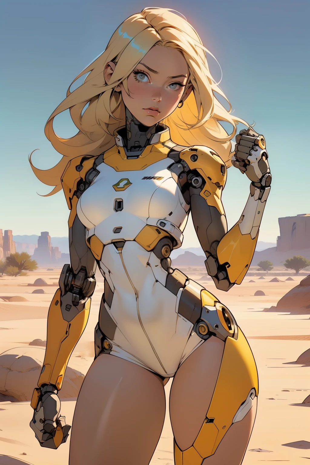 high quality, 4k, masterpiece, beautiful, cyborg girl, cowboy shot, dull eyes, front, looking at viewer, long blonde hair, girl, small breasts, fit thighs, robotic arms, robotic body, cyborg body, yellow & white uniform, orange accent, intricate detail, joint, detailed lines, robotic detail, holding fist up, holding hand up as fist, color robotic parts, robotic parts with color, perfect fingers, on a desert planet, sunny background, colorful desert, a river or a lake in the background, slender thighs, skinny thighs,