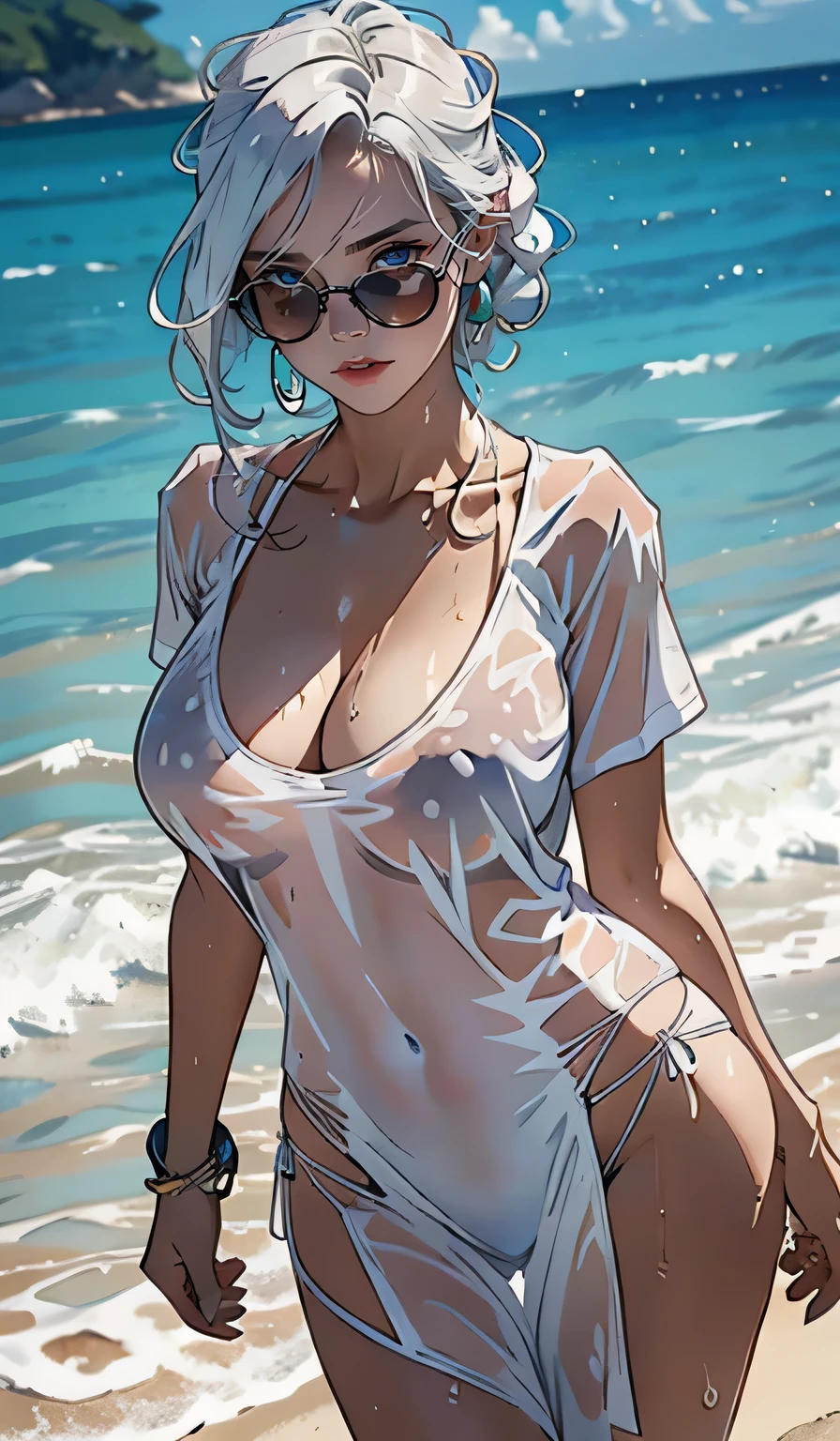 araffe Woman in a white shirt and sunglasses in the ocean, wet t-shirt, wet t-shirt, wet shirt, wet t-shirt, transparent, transparent, Wet swimsuit, Big breasts, covered chest, Covered huge breasts, revealing clothes , in a wet white short dress, Big breasts, in a translucent sheet, wet cloth, wet drapery