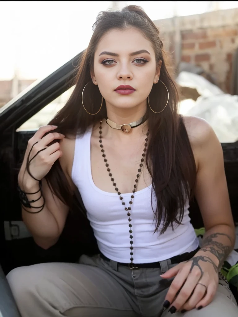 best quality, intricate details, chromatic aberration, goth makeup, goth girl, corneo_runny_makeup 1girl, long hair, black hair, messy hair, red highlights, hair over one eye, red eyes, sharp eyes, choker, neon shirt, torn legwear, open jacket, against wall, brick wall, graffiti, dim lighting,