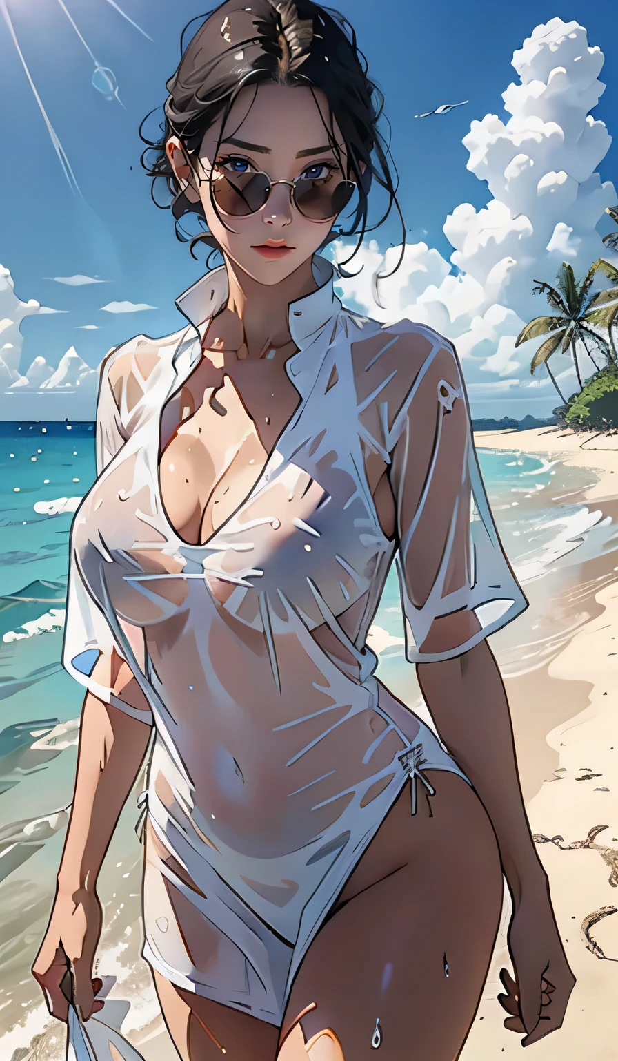 araffe Woman in a white shirt and sunglasses in the ocean, wet t-shirt, wet t-shirt, wet shirt, wet t-shirt, transparent, transparent, Wet swimsuit, Big breasts, covered chest, Covered huge breasts, revealing clothes , in a wet white short dress, Big breasts, in a translucent sheet, wet cloth, wet drapery