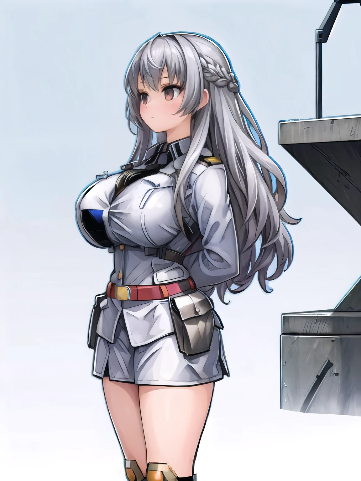 (girl long hair:1.2), (huge tits:1.0), (soldier:1.2), (long silver hair)