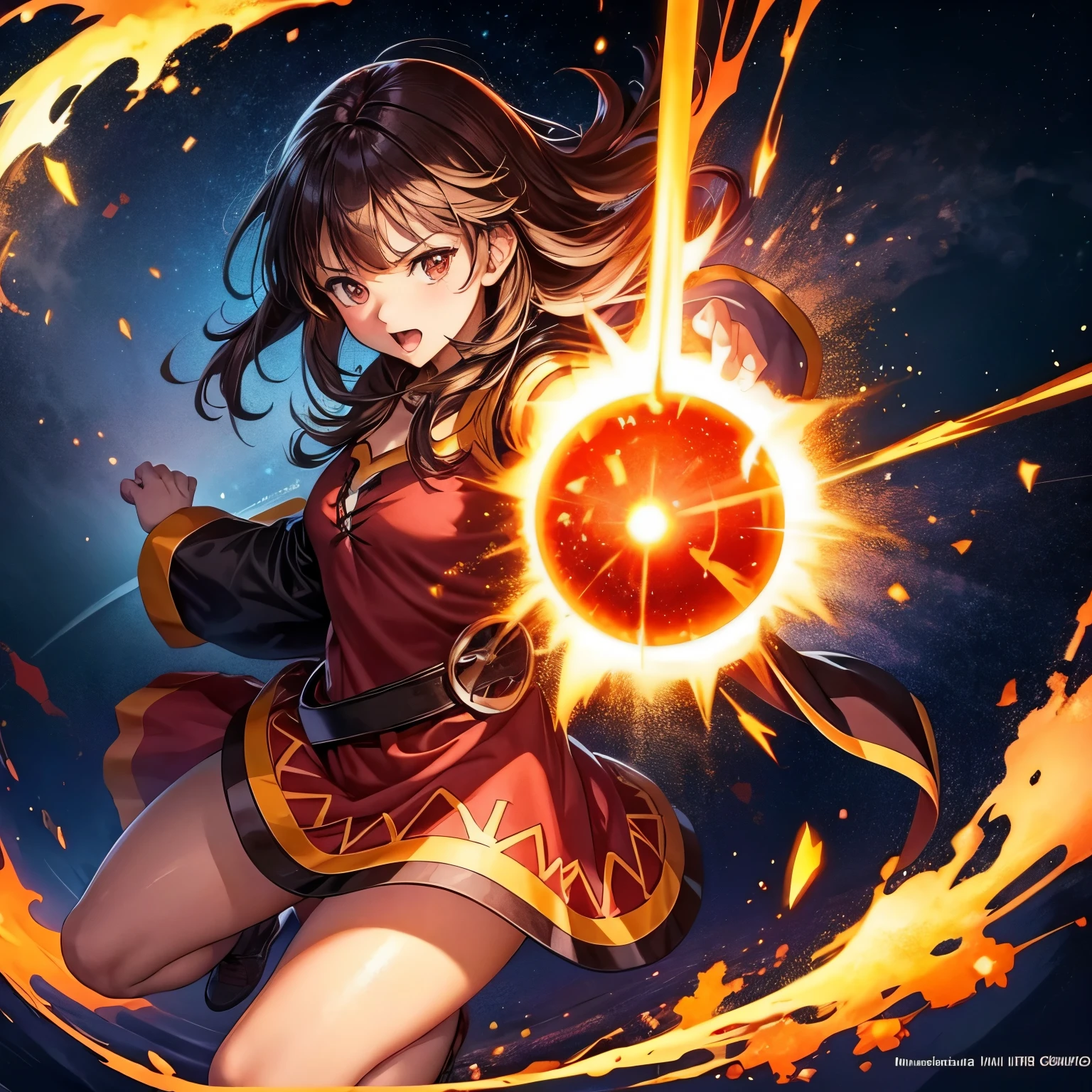 KonoSuba、Megumin、Wizard、Two-handed staff equipment、In the chant、Arrangement where the magic square can be seen、Eye patch、Red pointed hat、Red Robe、7 color particle effects