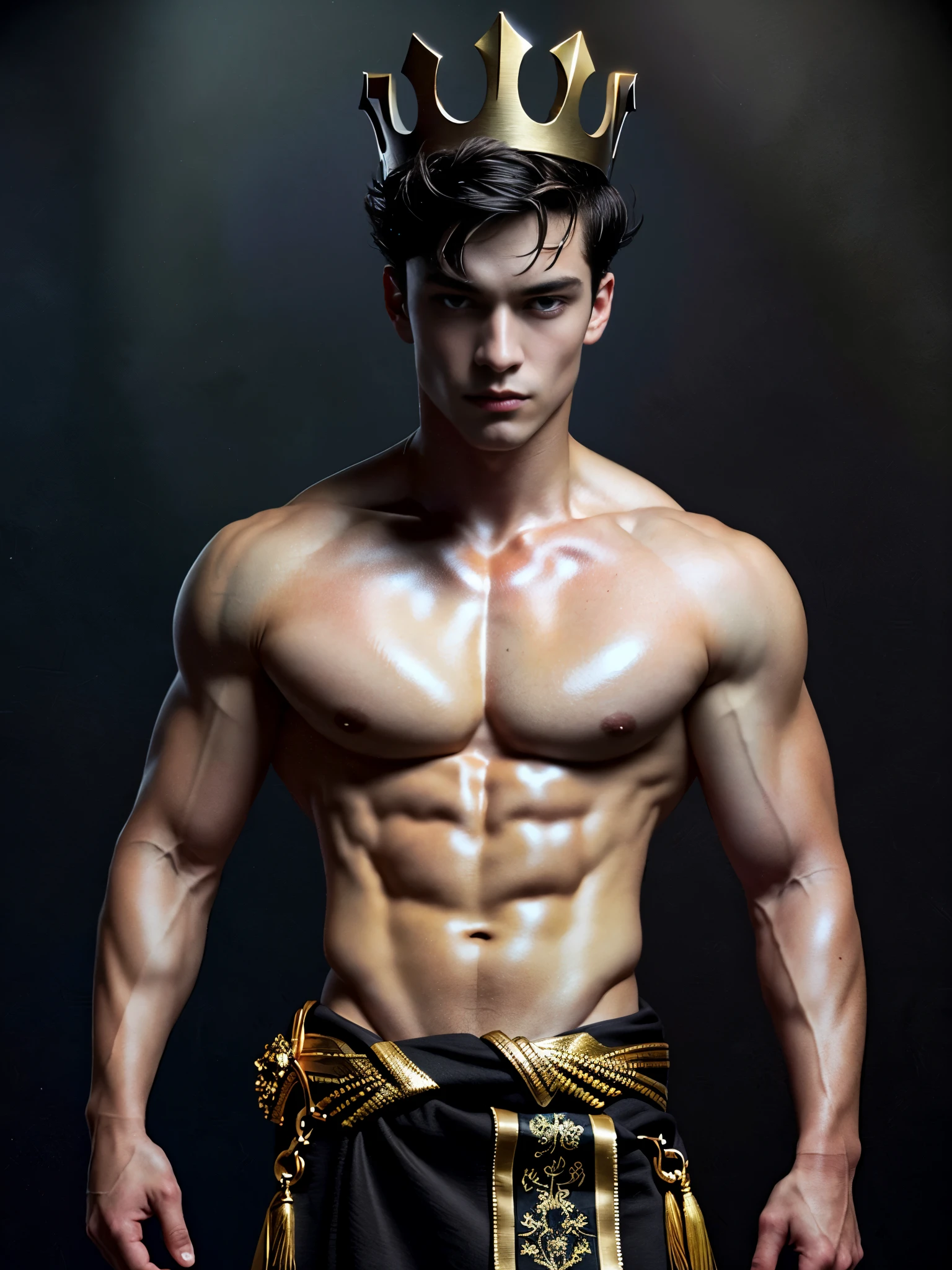 Photorealistic, ((best quality)), ((masterpiece)), (detailed), masculine portrait of young dark fantasy prince, 18-year-old male model, handsome, tall, cute looking, evil look, dark look, powerful, young male, handsome model, clean shave, silver eyes. (short curly messy brown hair:1.2), messy curly hair, super strong, muscular, fit, massive muscles, six pack, (shirtless:1.5), barechested, half-naked, topless, muscle, ripped, strong body, fit body, great chest, amazing arms, (evil masculine crown:1.4), fantasy royal jewels, ( antique linen spartan loincloth, black linen antique draped cloth skirt, roman skirt), fairytale castle in the background, (Dark background:1.6) 8k, high detailed, ultra-detailed, Stylish Pose, real skin texture, dark cinematic lighting
