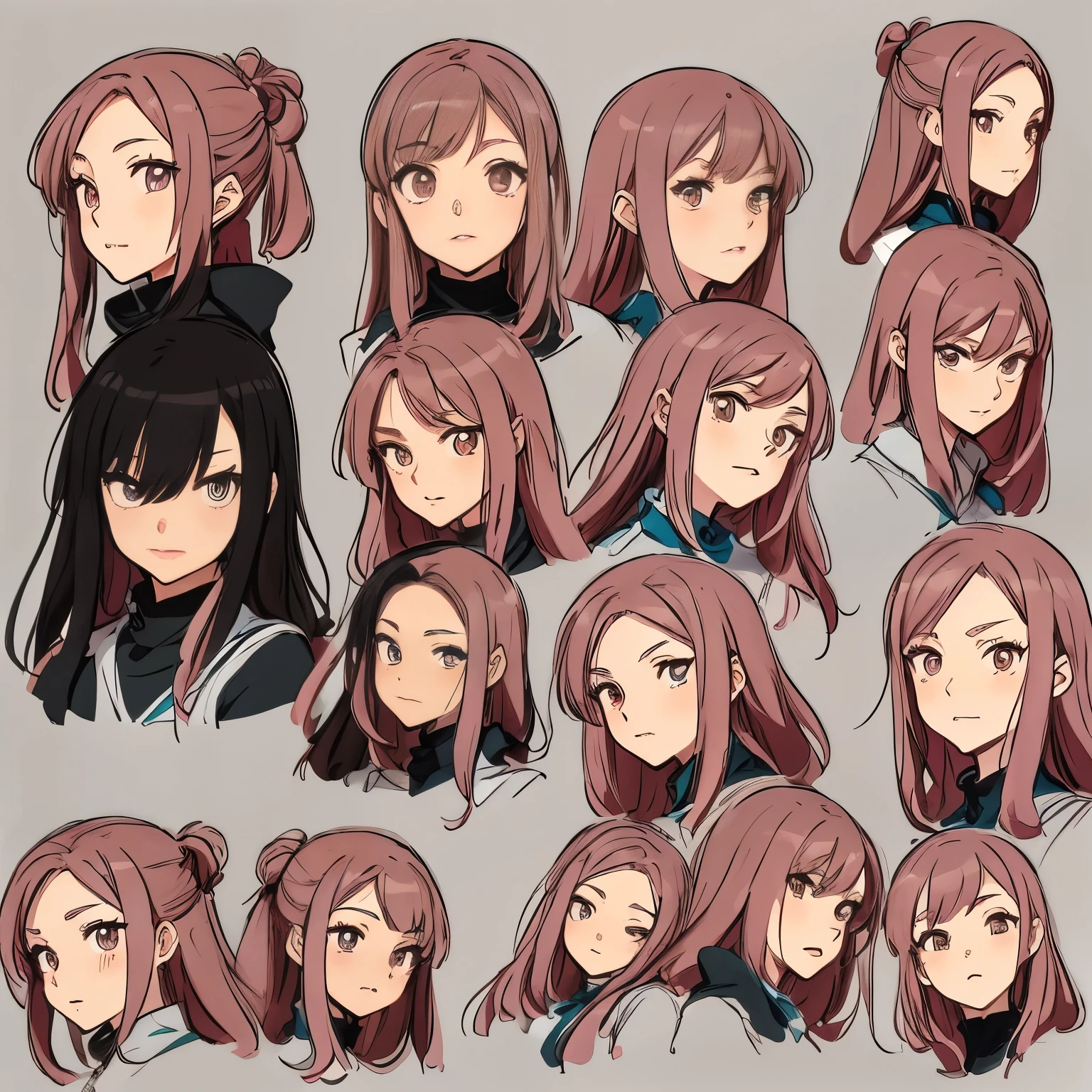 anime character sheet of a woman with different facial expression, different expressions, anime style, various postures, 微妙的anime style, 扁平化anime style底纹, Cute and natural anime face, expression, anime style, Animation character design, Anime Concept Art, facial expression, slightly happy expression, anime style, anime style人物, 半写实anime style, anime art style