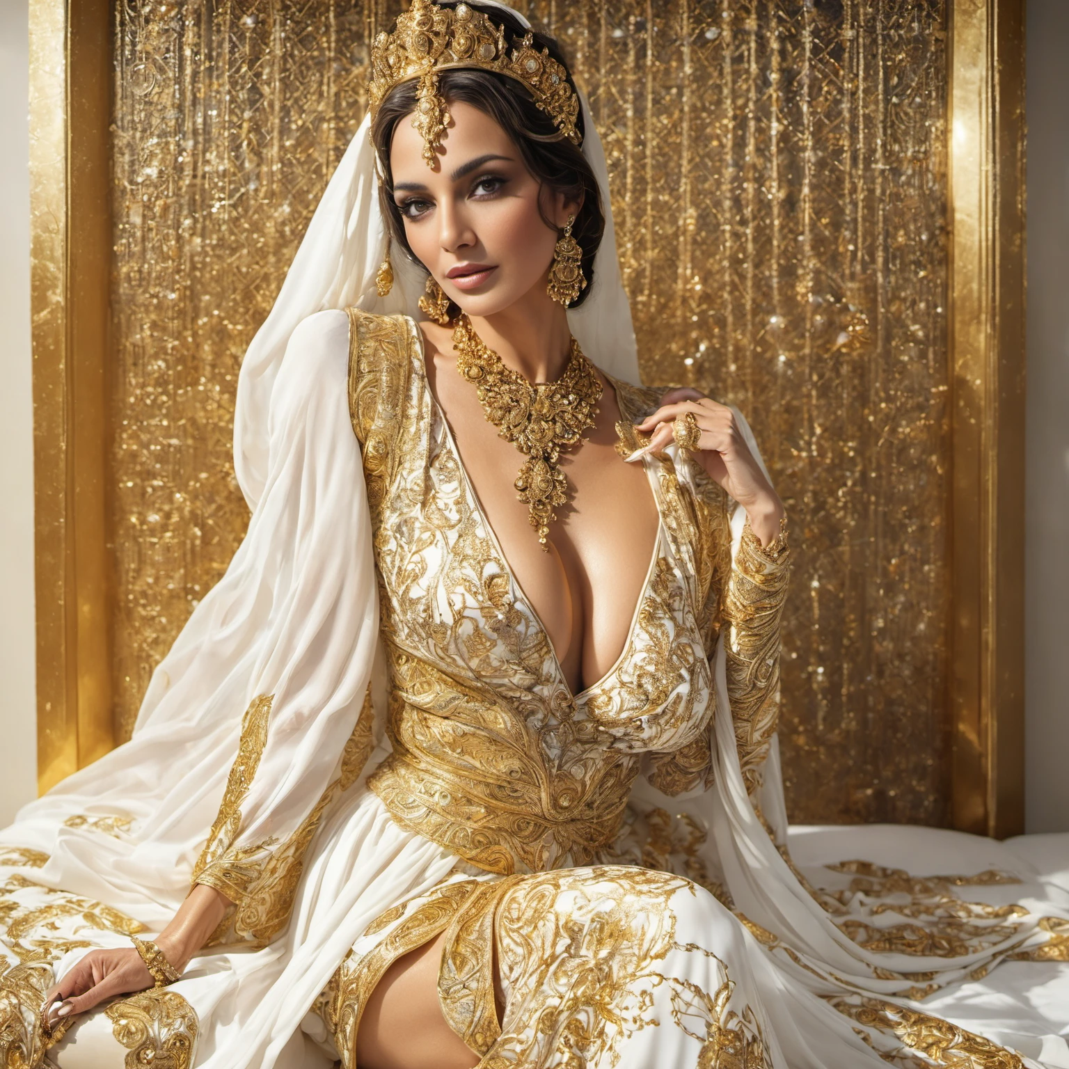 A woman in her 50s wearing a white dress is sitting on a bed with a mobile phone, persian queen, beautiful goddess, princess of persia, beautiful oriental woman, 絹のようなcovered in gold, golden goddess, arabian princess, Arabian beauty, gorgeous woman, Queen of the Goddesses, covered in gold, Indian Goddess, egyptian princess, sexy gown, Lovely lady, seductive woman, lovely queen, Arab princess