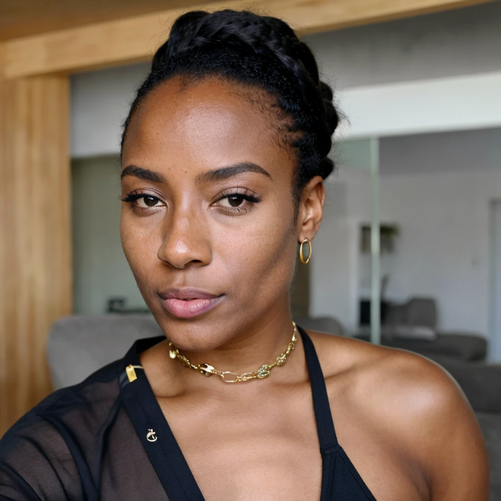 ((Melhor qualidade)), ((obra de arte)), (detalhado), rosto perfeito, mulher negra, africana , imagem completa,pele bem escura,(( head to head image)), fazendo uma selfie