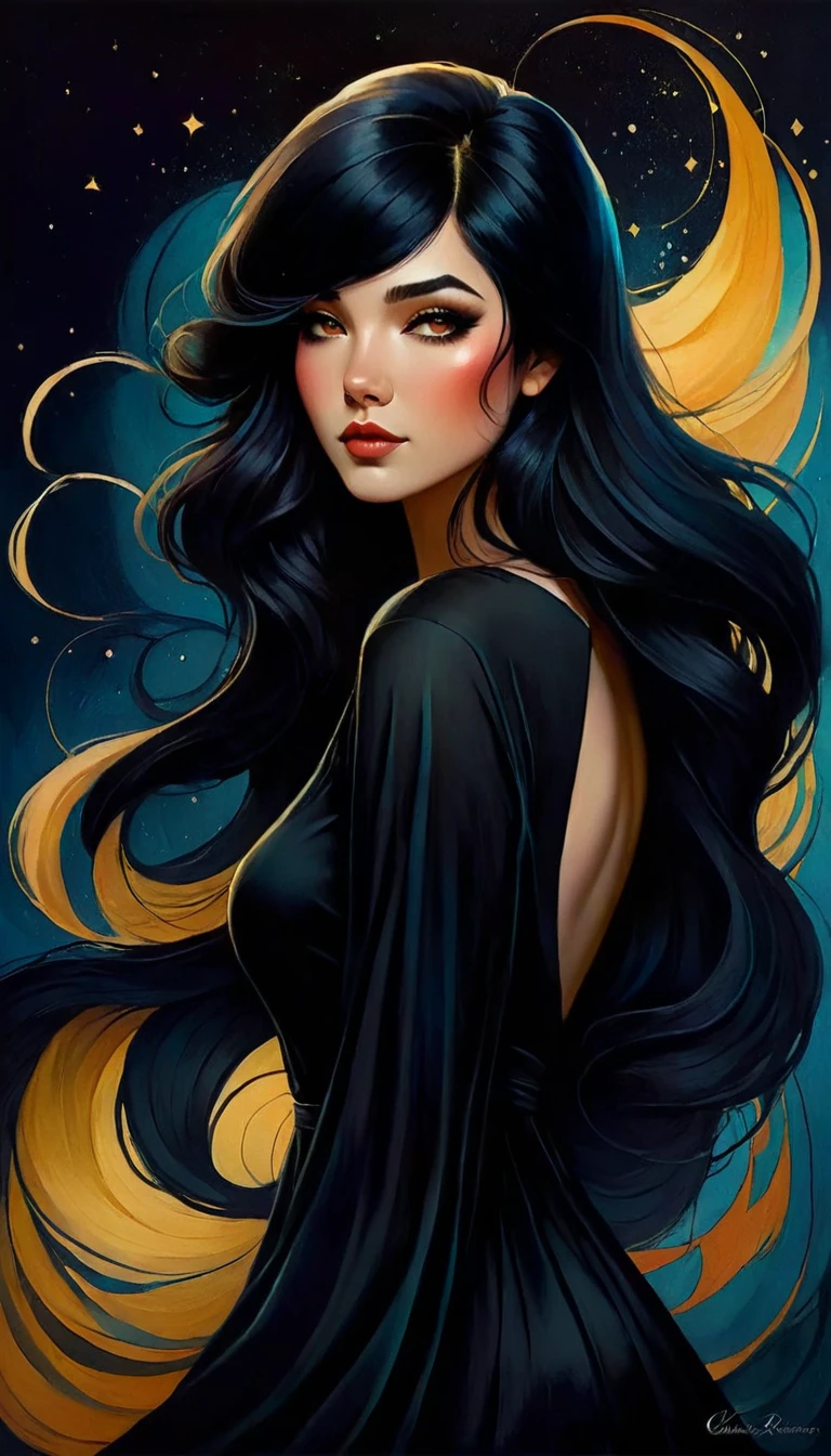 a painting of a woman with long black hair and a black dress, girl with black hair, style of charlie bowater, jen bartel, in style of charlie bowater, woman with black hair, in style of anna dittmann, charlie bowater rich deep colors, inspired by Jeremiah Ketner, inspired by Harumi Hironaka