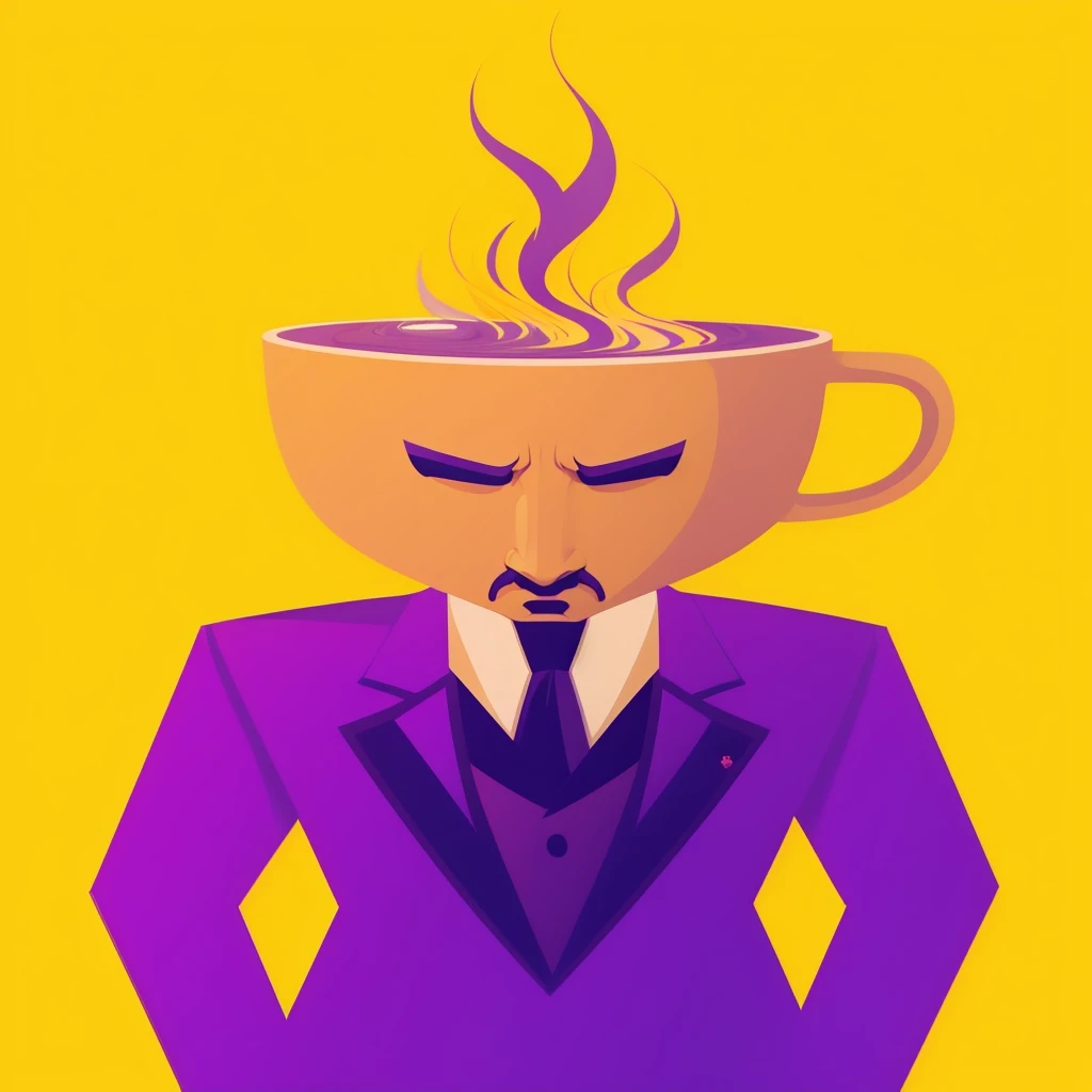 a drawing of a man in a suit with a cup of coffee, Sr. Robert is drinking fresh tea, is ((drinking a cup of tea)), orange head, upset coffee doesn't work, serious business, duas Caras, purple head, copo da morte, personagem mental, Faces of too much caffeine, chefe corporativo, retrato de personagem meu