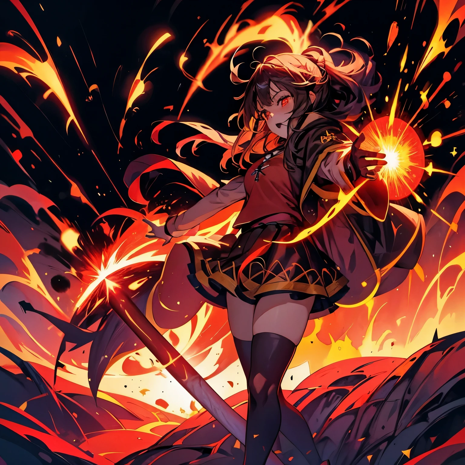 1 girl, 18 years old, megumin, hand raised, holding magic stick, nuclear flame explosion behind, official art, best quality, high resolution, realism, 8k..PSYCHOPHONKY