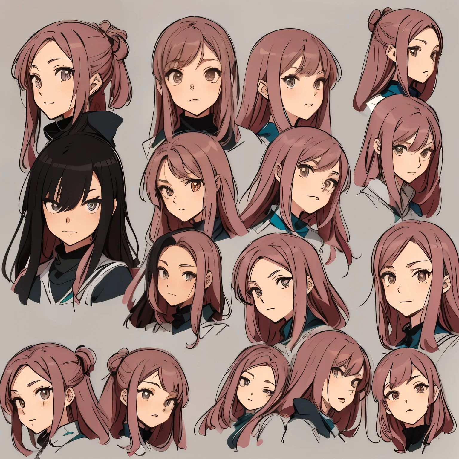 anime character sheet of a woman with different facial expression, different expressions, anime style, various postures, 微妙的anime style, 扁平化anime style底纹, Cute and natural anime face, expression, anime style, Animation character design, Anime Concept Art, facial expression, slightly happy expression, anime style, anime style人物, 半写实anime style, anime art style