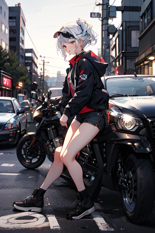 (masterpiece:1.2), best quality,PIXIV,
cool girl,Unzen ,white hair,
street,short shorts,
>