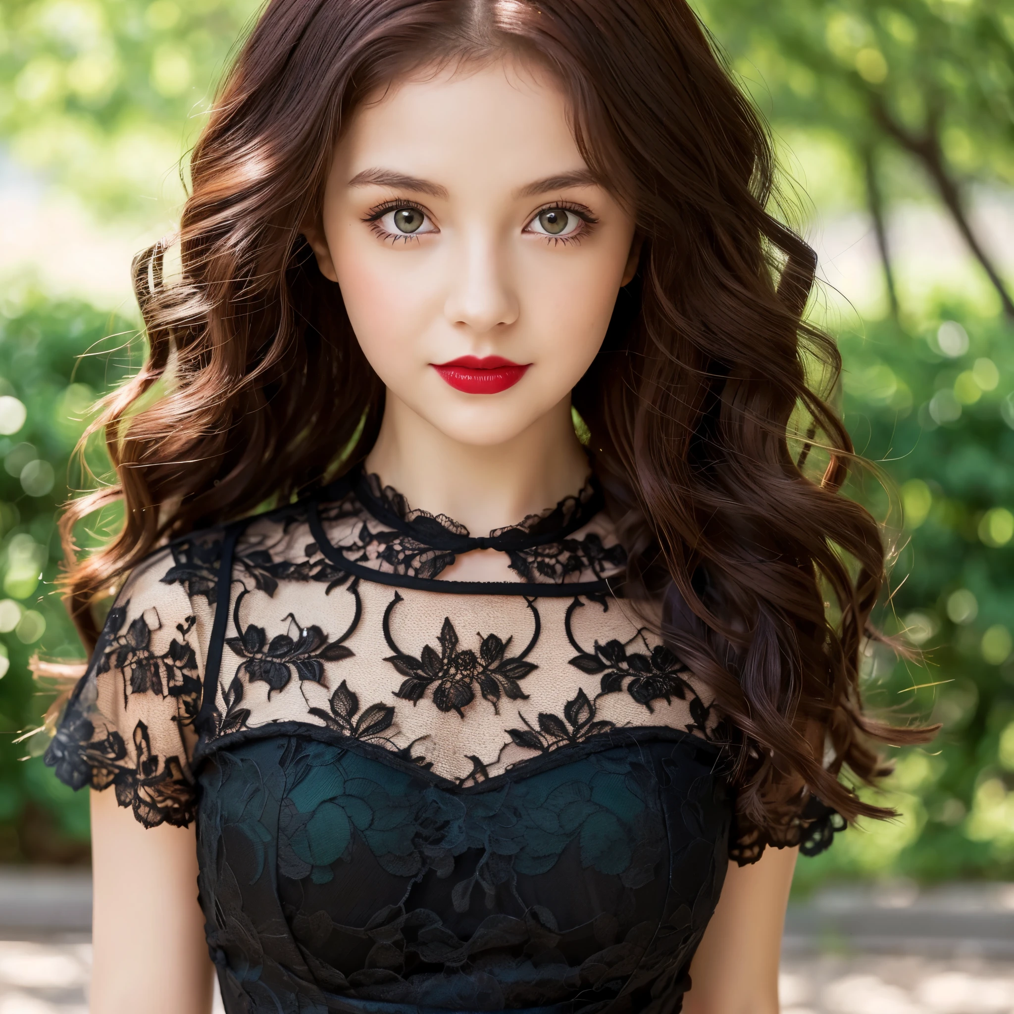 Girl, young, green eyes, black skin, curly red hair, wears a black lace dress and red lipstick