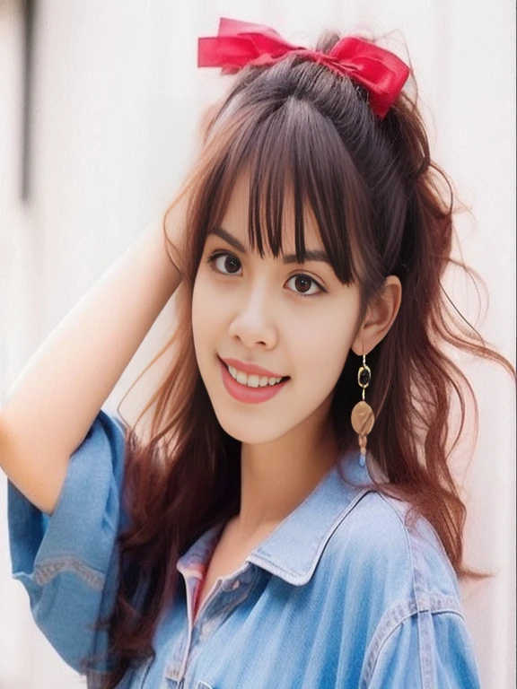 Araaf woman with red bow and denim shirt, Thai girl anime, Pinch bang and ponytail, Sakimi-chan, Sakimi-chan, Shiho, Yoshitomo Nara, neat hair with bangs, with bangs, Belle Delphine, Headshot profile picture, twin hairstyle, Lalisa Manoban, full bangs
