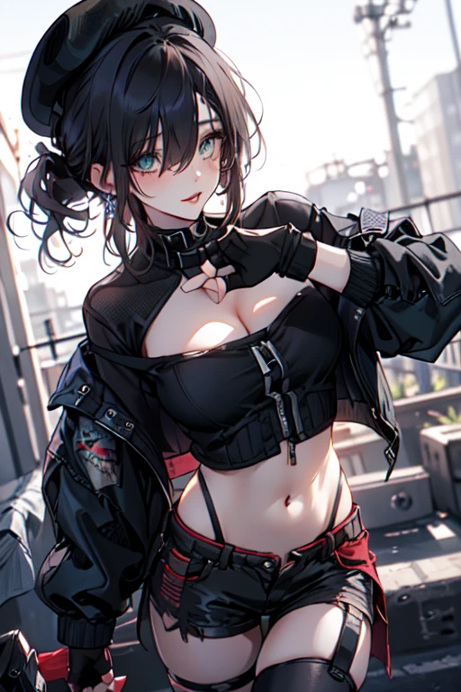  19 years old, (milf:0.8), (solo:1.5), (sfw:1.25), sexy breast, beautiful breasts, (medium tits:0.8), thin waist, big ass:1.0, Raised sexy, (black beret,black military jacket, open clothes, cleavage, midriff, black shorts, black thighhighs, thigh strap, fingerless gloves, single glove:1.2), blue eyes, light smile, big , Revimpling fabric, earrings, Hand gloves, detailed face,(hold a cigarette:1.1),long hair,side ponytail,hair between eyes,bangs,detailed and beautiful eyes,beautiful detailed lips,Rolling her eyes,manner,hair over one eye, (ultra high resolution, 8K RAW photo, photo realistics, thin outline:1.3, clear focus), best qualtiy, natural lighting, textile shading, field depth, (Bright pupils, fine detailed beautiful eyes with highlight:1.3, high detailed face), Red lip, fine realistic skins:1.1, looking down viewers:1.3, (dynamic angle:1.3, front view:1.1, breast focus:1.3, from above:1.2), (dynamic posing:1.5, sexy posing:1.2),Youghal, side lock, hair ornaments,nice,garden background,artistic rendering,Super detailed,(highest quality,4k,8K,High resolution,masterpiece:1.2),Bright colors,studio lighting ,at military base in usa
