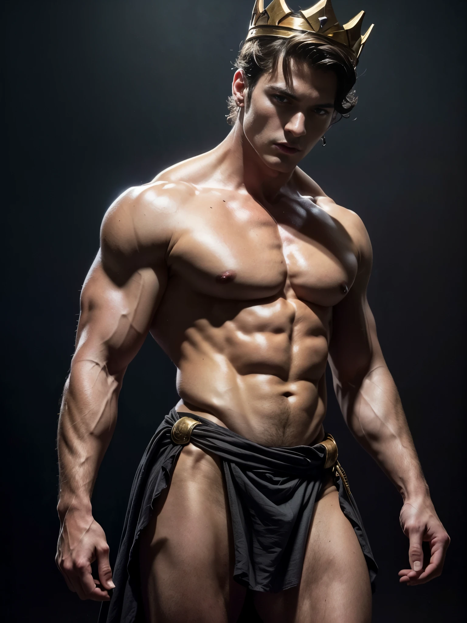 Photorealistic, ((best quality)), ((masterpiece)), (detailed), masculine portrait of young dark fantasy prince, 18-year-old male model, handsome, tall, cute looking, evil look, dark look, powerful, young male, handsome model, clean shave, silver eyes. (short curly messy brown hair:1.2), messy curly hair, super strong, muscular, fit, massive muscles, six pack, (shirtless:1.5), barechested, half-naked, topless, muscle, ripped, strong body, fit body, great chest, amazing arms, (evil masculine crown:1.4), fantasy royal jewels, ( antique linen spartan loincloth, black linen antique draped cloth skirt, roman skirt), fairytale castle in the background, (Dark background:1.6) 8k, high detailed, ultra-detailed, Stylish Pose, real skin texture, dark cinematic lighting