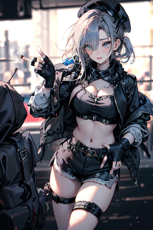  19 years old, (milf:0.8), (solo:1.5), (sfw:1.25), sexy breast, beautiful breasts, (medium tits:0.8), thin waist, big ass:1.0, Raised sexy, (black beret,black military jacket, open clothes, cleavage, midriff, black shorts, black thighhighs, thigh strap, fingerless gloves, single glove:1.2), blue eyes, light smile, big , Revimpling fabric, earrings, Hand gloves, detailed face,(hold a cigarette:1.1),long hair,side ponytail,hair between eyes,bangs,detailed and beautiful eyes,beautiful detailed lips,Rolling her eyes,manner,hair over one eye, (ultra high resolution, 8K RAW photo, photo realistics, thin outline:1.3, clear focus), best qualtiy, natural lighting, textile shading, field depth, (Bright pupils, fine detailed beautiful eyes with highlight:1.3, high detailed face), Red lip, fine realistic skins:1.1, looking down viewers:1.3, (dynamic angle:1.3, front view:1.1, breast focus:1.3, from above:1.2), (dynamic posing:1.5, sexy posing:1.2),Youghal, side lock, hair ornaments,nice,garden background,artistic rendering,Super detailed,(highest quality,4k,8K,High resolution,masterpiece:1.2),Bright colors,studio lighting ,at military base in usa
