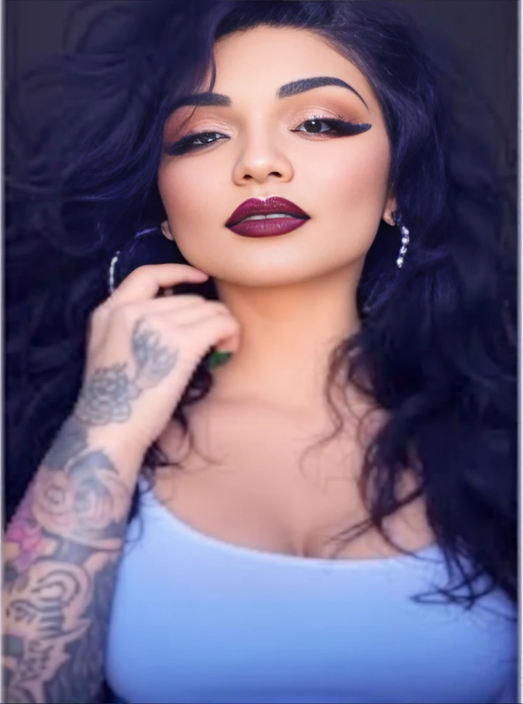 a close up of a woman with long black hair and tattoos, profile image, dark lipstick, dark lips, looks like fabiula nascimento, raven black hair, inspired by Briana Mora, dark red lips, tattooed, black lipstick, full lips, inked, ayahausca, with tattoos, dark hair and makeup, profile pic