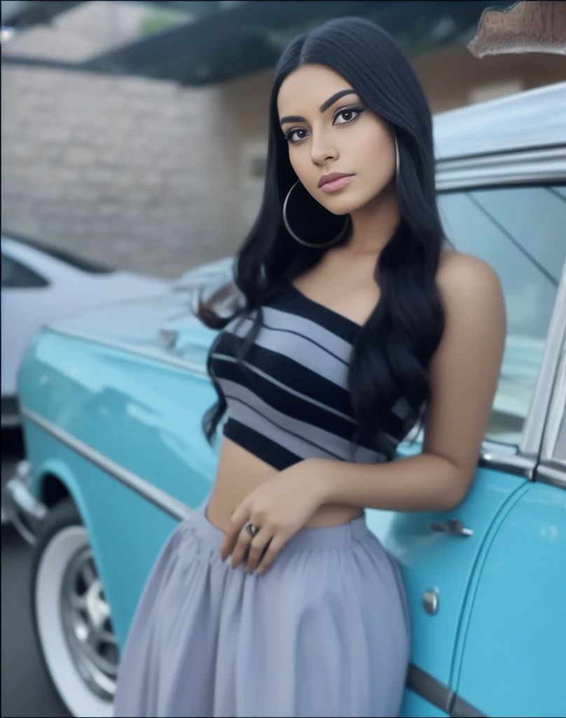 arafed woman leaning against a car with a black and white striped top, beautiful mexican woman, photo of a model, taken in the early 2020s, profile picture, profile pic, profile photo, 2 4 year old female model, violet myers, headshot profile picture, alanis guillen, standing in front of lowrider, gorgeous female jade tailor
