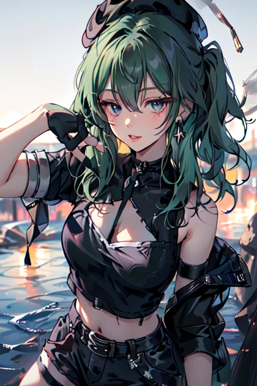  19 years old, (milf:0.8), (solo:1.5), (sfw:1.25), sexy breast, beautiful breasts, (medium tits:0.8), thin waist, big ass:1.0, Raised sexy, (black beret,black military jacket, open clothes, cleavage, midriff, black shorts, black thighhighs, thigh strap, fingerless gloves, single glove:1.2), blue eyes, light smile, big , Revimpling fabric, earrings, Hand gloves, detailed face,(hold a cigarette:1.1),long hair,side ponytail,hair between eyes,bangs,detailed and beautiful eyes,beautiful detailed lips,Rolling her eyes,manner,hair over one eye, (ultra high resolution, 8K RAW photo, photo realistics, thin outline:1.3, clear focus), best qualtiy, natural lighting, textile shading, field depth, (Bright pupils, fine detailed beautiful eyes with highlight:1.3, high detailed face), Red lip, fine realistic skins:1.1, looking down viewers:1.3, (dynamic angle:1.3, front view:1.1, breast focus:1.3, from above:1.2), (dynamic posing:1.5, sexy posing:1.2),Youghal, side lock, hair ornaments,nice,garden background,artistic rendering,Super detailed,(highest quality,4k,8K,High resolution,masterpiece:1.2),Bright colors,studio lighting ,at military base in usa

