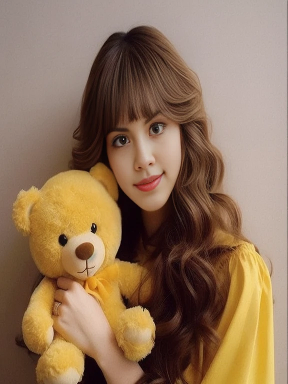 araffe girl with long brown hair holding a yellow teddy bear, Yellow wavy hair theme, Lalisa Manoban, teddy bear, holding a teddy bear, cute vtuber house, Long hair with full bangs, brown long hair with bangs, long hair with bangs, Ulzzang, Bangs and wavy hair, with bangs, fan art