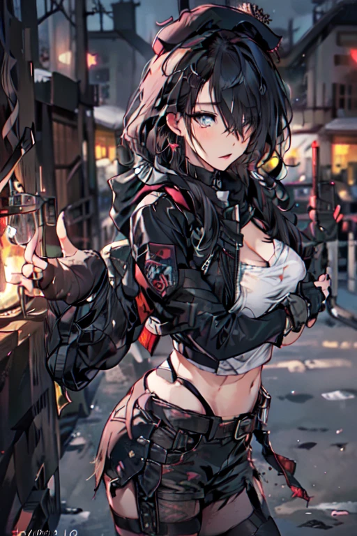 Top-quality image: A captivating visual art piece showcases a girl, aged 18, with a mix of tattered clothing and bold fashion elements. Naked, Topless, paired with pristine white pants. Her best bust, an impressive 85, is proudly on display, contrasted by the roughness of her attire. Her hair is a disheveled, golden ponytail, framing her striking red eyes that gleam with intense happiness and the promise of a return of her blood. Droplets of blood trickle from the corner of her mouth, adding intrigue to her express