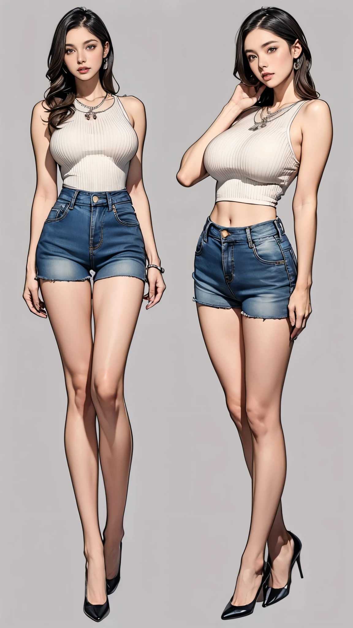((best quality,4k,highres,masterpiece:1.2)),((character concept art)), 1 female, age 36, milf, hot milf, (She has a fit and toned body shape), She has long elegance brunette hair, ((She has a perfect round and perky 700cc breast enhancement, which she doesn't shy away from flaunting and a full back tattoo, adding an edgy touch to her overall appearance)). (((She's wearing a form-fitting, low-cut top that accentuates her enhanced breasts, adding a touch of seductiveness to her look, pairing with high waist sexy hollow out ultra shorts denim summer shorts. The denim shorts are short enough to make her son and his friends blush))), (((She enhances her look with a pair of practical flats, suited for her busy lifestyle))), carrying her ensemble with an air of unapologetic confidence. Her accessories include a simple necklace that adds a subtle touch of elegance. ((intricate detail)), super finely detailed hands, ultra finely detailed fingers(((ten fingers))), (standing confidently), ((full body showcase)), ((show full body)), (no logos on background), (no logo), ((plain background)), ((plain background)), (((empty background))).