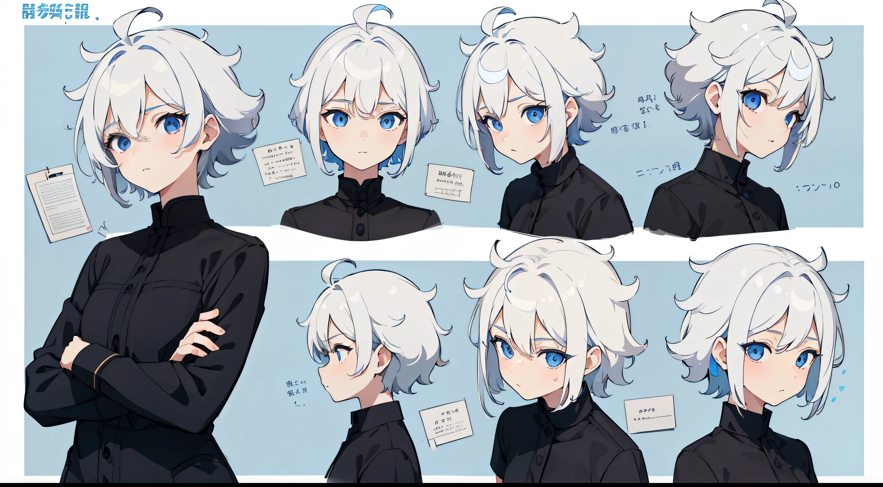 ((masterpiece, best quality)), Detailed face, character table, Full body female love, 1 boy,exhibit,children's,Beibei, blue eyes, white hair, Short hair details, messy hair, , hair between eyes,Black loose shirt, full of details, Various poses and expressions, Very detailed, depth, many parts