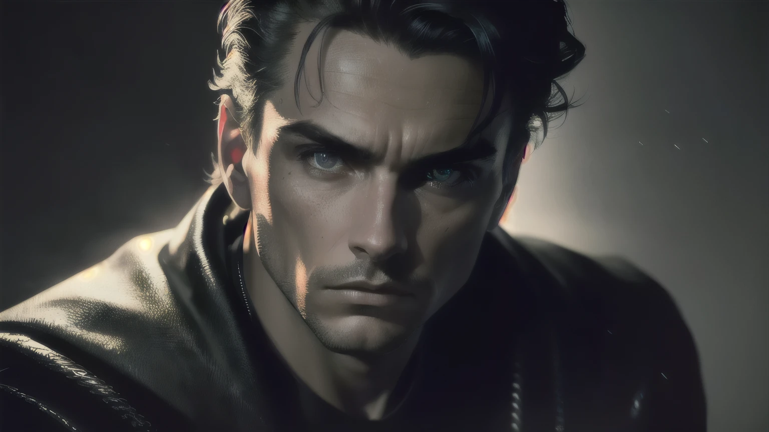 (best quality,4k,8k,highres,masterpiece:1.2), ultra-detailed, (realistic,photorealistic,photo-realistic:1.37), man in black sweatshirt, dark room, close-up shot, intense gaze, dramatic lighting, cinematic style, eye detail, moody atmosphere, textured background, strong shadows, mysterious ambiance, captivating expression, high contrast, monochromatic tones, depth of field, film noir aesthetic.