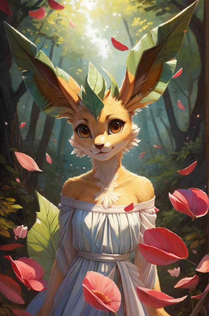 Beautifu art, fine work, [S= female, slim+, anthro, fluffy, (leafeon), brown eyes, sensual+, fantasy forest's spirit clothes, on profile, small chin, cute and soft, leafeon neck's leaves"].one s walking in the forest, elegant, leaves and petals(more petals) floats arrounds on the wind. Illustration, masterpiece, breathtaking, 4k, (pixelsketcher accuracy+, draw by hioshiru)( fine detailes),( frontal shot)(warm colors)(more fine linework)