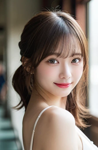 table top, highest quality, shape, Super detailed, finely, High resolution, 8k wallpaper, 完璧なダイナミックな構shape, finelyて美しい目, ladies fashion summer,ponytail hair,small breasts natural color lip, bold sexy pose,smile,20 year old girl、cute、sexy shot looking at camera,Wake up,Realistic quality,blonde,Eyes to the left,A little sharp beauty,Don'don't wear clothes,whole,topless nude