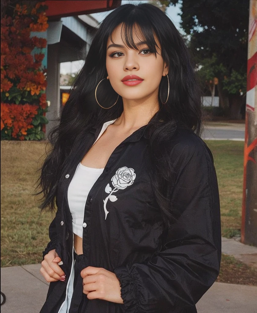 arafed woman with long black hair and a white top, selena quintanilla perez, she is the queen of black roses, she has black hair with bangs, hair blackbangs hair, beautiful mexican woman, mean smirk, 9 0 s vibe, 90s style, 90’s vibe, edgy, rockabilly style, profile shot, she is wearing streetwear