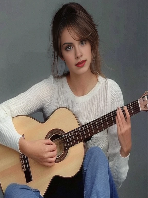 arafed woman sitting on a chair Guitar Hold, Guitar Hold, Portrait of Sophie Mudd, Single shot, Play Guitar, classical guitar, Guitar Hold, traditional art, Julia Rasumova's style, กำลังPlay Guitar, Anastasia Ovchinnikova, guitarist, acoustic guitar, singer-songwriter, Playing guitar, Guitar Hold, women Play Guitar