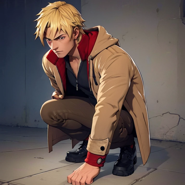 ((best quality)),((ultra-detailed)) , human Male, Blonde  hair , Red pupils , jacket , Tired eyes  , Full body ,