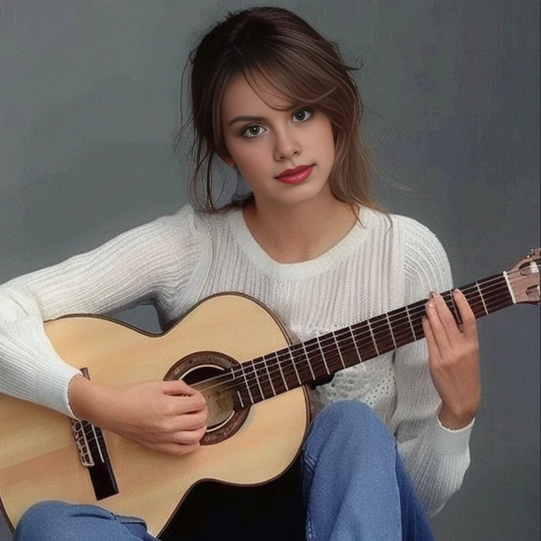arafed woman sitting on a chair Guitar Hold, Guitar Hold, Portrait of Sophie Mudd, Single shot, Play Guitar, classical guitar, Guitar Hold, traditional art, Julia Rasumova's style, กำลังPlay Guitar, Anastasia Ovchinnikova, guitarist, acoustic guitar, singer-songwriter, Playing guitar, Guitar Hold, women Play Guitar