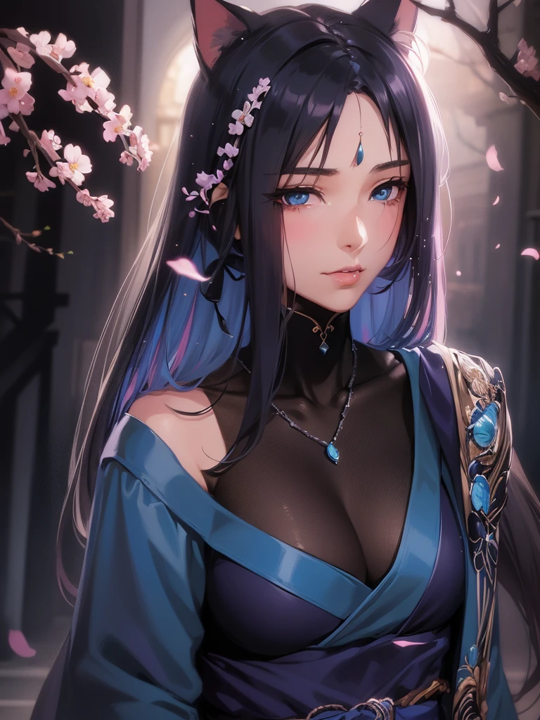 Anime girl with cat ears and blue dress with pink flowers, beautiful anime portrait, beautiful anime woman, Beautiful character art, work in Guweiz style, A wonderful illustration for a work of art, digital anime illustration, Beautiful anime girl, beautiful pictures for avatar, beautiful charming anime woman, beautiful digital images, anime style digital art, Beautiful digital illustration