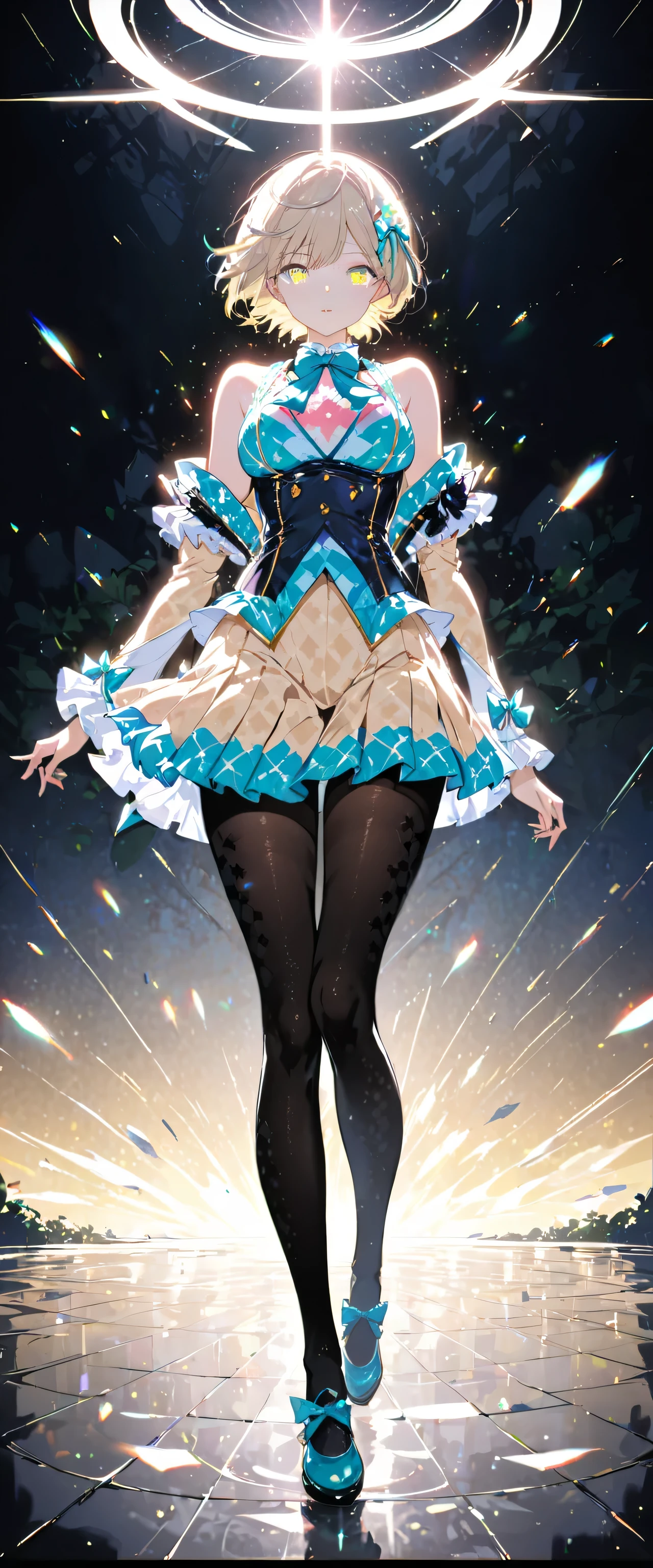 (full body:1.5),(1 girl:1.3),(looking at the viewer:1.4),(correct anatomy:1.3),(Wearing a Paradise style suit JK uniform printed super short pleated skirt and JK uniform leather shoes with ribbon decoration ,Thick Print ta Pantyhose :1.35), (light particle effect:1.3),(in pink | yellow | blue color| green |red color | white color| black in color| purplish color| grey| beige| skin color 1.4),(shining eyes:1.3),(Large amplitude operation: 1.3),(accurate and perfect face:1.4),(luster of clothes:1.25),(skin reflection:1.25),hyper hd, ray tracing, reflected light,structurally correct, Award-winning, expensivedetails, contrast of light and dark, face lighting,cinematic lighting, master piece, super detail, expensive、expensive quality, expensivedetails, best quality person, 16k,high contrast,
