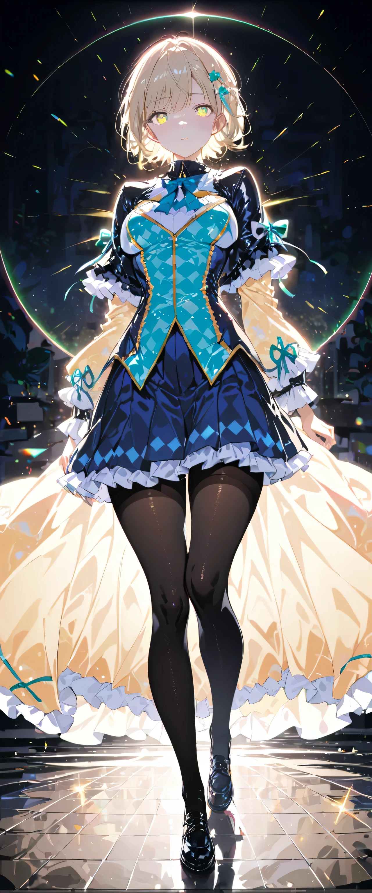 (full body:1.5)，(1 girl:1.3),(looking at the viewer:1.4)，(correct anatomy:1.3),(Wearing a Paradise style suit JK uniform printed super short pleated skirt and JK uniform leather shoes with ribbon decoration ，Thick Print ****ta Pantyhose :1.35), (light particle effect:1.3),(in pink | yellow | blue color| green |red color | white color| black in color| purplish color| grey| beige| skin color 1.4)，(shining eyes:1.3),(Large amplitude operation: 1.3)，(accurate and perfect face:1.4),(luster of clothes:1.25),(skin reflection:1.25),hyper hd, ray tracing, reflected light，structurally correct, Award-winning, expensivedetails, contrast of light and dark, face lighting，cinematic lighting, master piece, super detail, expensive、expensive quality, expensivedetails, best quality person, 16k，high contrast,