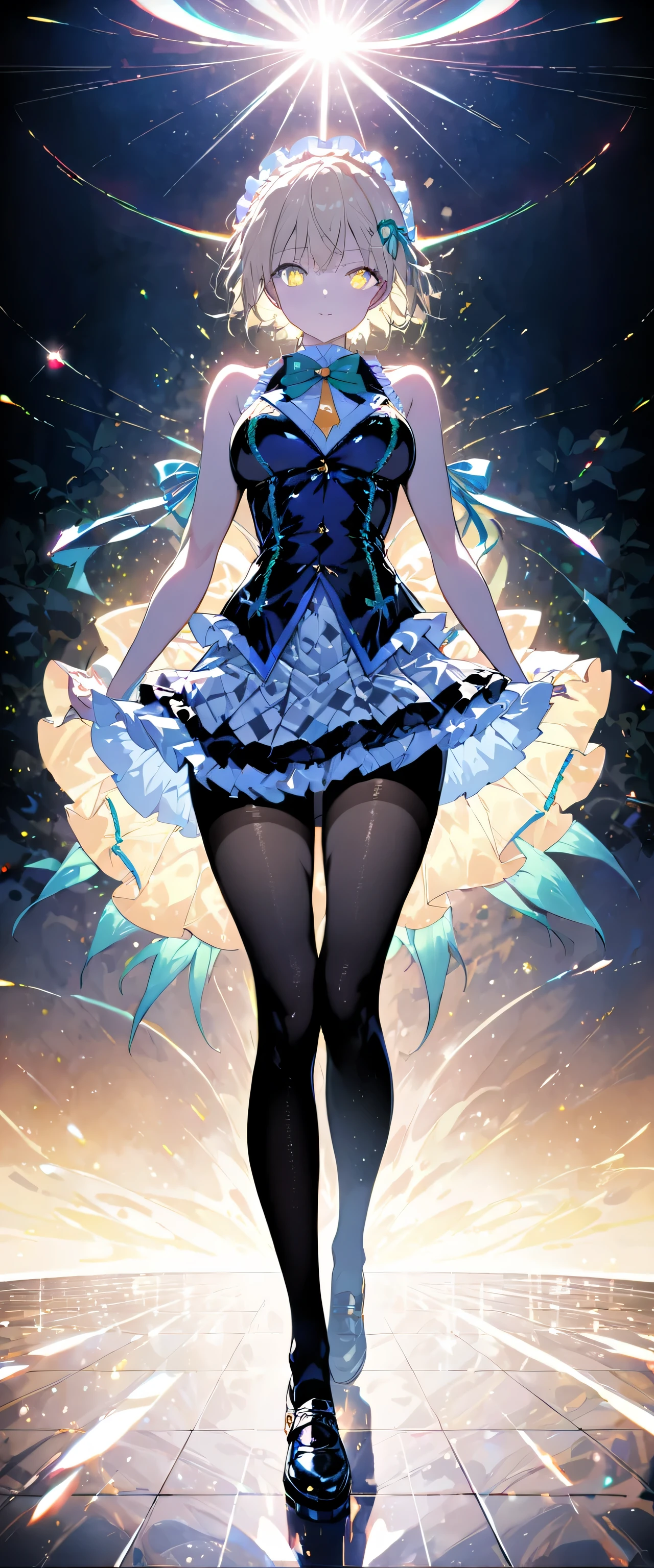 (full body:1.5),(1 girl:1.3),(looking at the viewer:1.4),(correct anatomy:1.3),(Wearing a Paradise style suit JK uniform printed super short pleated skirt and JK uniform leather shoes with ribbon decoration ,Thick Print ta Pantyhose :1.35), (light particle effect:1.3),(in pink | yellow | blue color| green |red color | white color| black in color| purplish color| grey| beige| skin color 1.4),(shining eyes:1.3),(Large amplitude operation: 1.3),(accurate and perfect face:1.4),(luster of clothes:1.25),(skin reflection:1.25),hyper hd, ray tracing, reflected light,structurally correct, Award-winning, expensivedetails, contrast of light and dark, face lighting,cinematic lighting, master piece, super detail, expensive、expensive quality, expensivedetails, best quality person, 16k,high contrast,