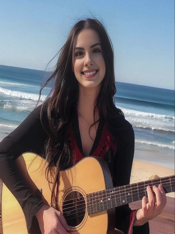 woman with long black hair Guitar Hold on a beach, Alanis Gillen, on the ocean, Profile picture, Portrait of Sophie Mudd, singer-songwriter, Fernanda Suarez, Violet Myers, album cover, Lorena Avarez, Guitar Hold, performance, random valentine, Singer - Songwriter, Profile pictureture, 1 8 is, Beautiful and smiling
