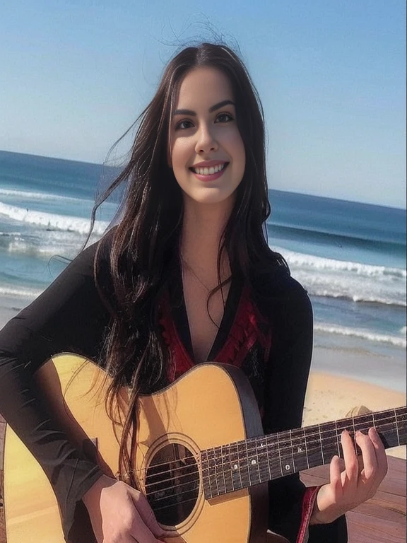 woman with long black hair Guitar Hold on a beach, Alanis Gillen, on the ocean, Profile picture, Portrait of Sophie Mudd, singer-songwriter, Fernanda Suarez, Violet Myers, album cover, Lorena Avarez, Guitar Hold, performance, random valentine, Singer - Songwriter, Profile pictureture, 1 8 is, Beautiful and smiling