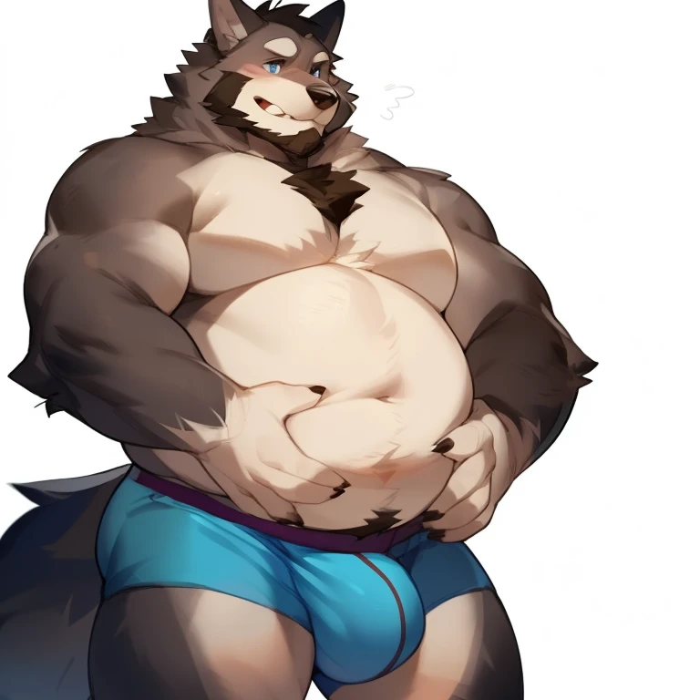 solo, male, werewolf, wolf, canine, chubby, musclegut, broad, sturdy, mature male, dadbod, facial hair, beard, embarrassed, chest fur, stomach fur, hands on belly, looking down at belly, grey fur, blue eyes, body hair, half-body, looking at down at self, boxers, tight boxers, furry chest, furry belly, big bulge, white background, by mystikfox61, by darkgem, by glitter trap boy, by bebebebebe, by doooo2424, by null-ghost